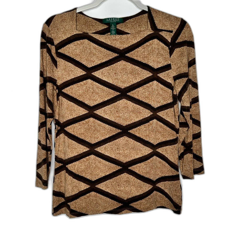 Lauren Ralph Lauren Blouse Women's Size PL Brown Geometric 3/4 Sleeve